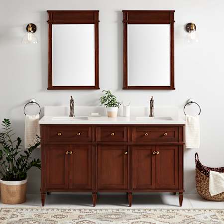 Signature Hardware Elmdale 60" Double Vanity Set with Mahogany Cabinet and Rectangular Porcelain Sinks - Single Faucet Hole Antique Brown / Arctic White