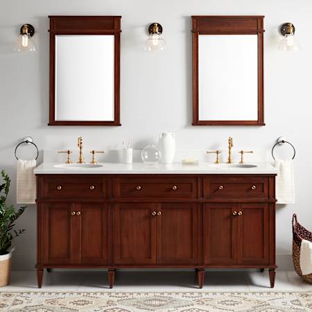 Signature Hardware Elmdale 72" Double Vanity Set with Mahogany Cabinet and Oval Porcelain Sinks - 8" Widespread Faucet Holes Antique Brown / Arctic White
