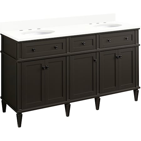 Signature Hardware Elmdale 60" Double Vanity Set with Mahogany Cabinet and Oval Porcelain Sinks - 8" Widespread Faucet Holes Charcoal Black / Arctic White
