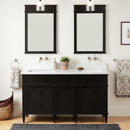 Signature Hardware Elmdale 60" Double Vanity Set with Mahogany Cabinet and Rectangular Porcelain Sinks - No Faucet Hole Charcoal Black / Arctic White