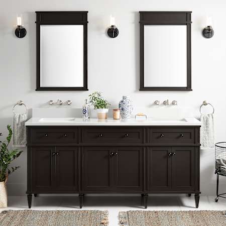 Signature Hardware Elmdale 72" Double Vanity Set with Mahogany Cabinet and Rectangular Porcelain Sinks - No Faucet Hole Charcoal Black / Arctic White