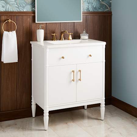 Signature Hardware Tesori 30" Single Vanity Set with Mahogany Cabinet, Solid Surface Vanity Top, and Rectangular Solid Surface Sink - 8" Widespread Faucet Holes Bright White