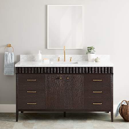 Signature Hardware Rosamel 60" Single Vanity Set with USB Ports and Outlets, Vanity Cabinet, Marble Top, and Rectangular Undermount Sink - 8" Widespread Faucet Holes Espresso Brown