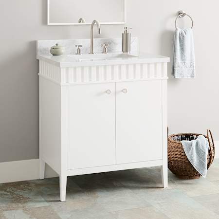 Signature Hardware Rosamel 30" Single Vanity Set with USB Ports and Outlets, Vanity Cabinet, Marble Top, and Rectangular Undermount Sink - 8" Widespread Faucet Holes White