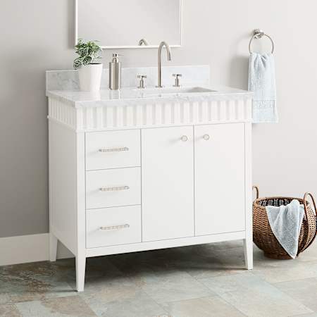 Signature Hardware Rosamel 36" Single Vanity Set with USB Ports and Outlets, Vanity Cabinet, Marble Top, and Rectangular Undermount Sink - 8" Widespread Faucet Holes White