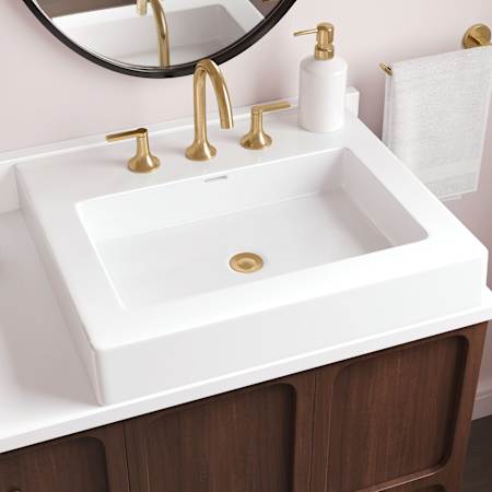 Signature Hardware 24-1/8" Rectangular Porcelain Semi-Recessed Bathroom Sink with Overflow and 3 Faucet Holes at 8" Centers White