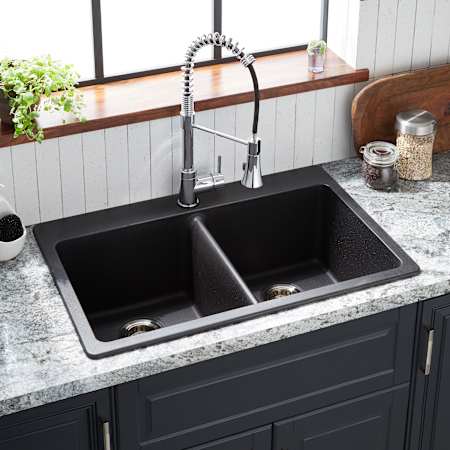 Signature Hardware Totten 33" Drop In / Undermount 50/50 Double Basin Granite Composite Kitchen Sink Black