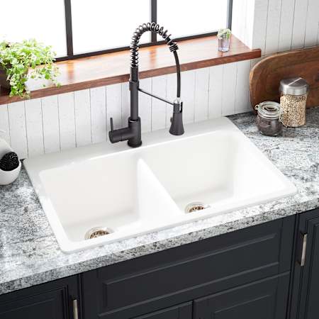 Signature Hardware Totten 33" Drop In / Undermount 50/50 Double Basin Granite Composite Kitchen Sink White
