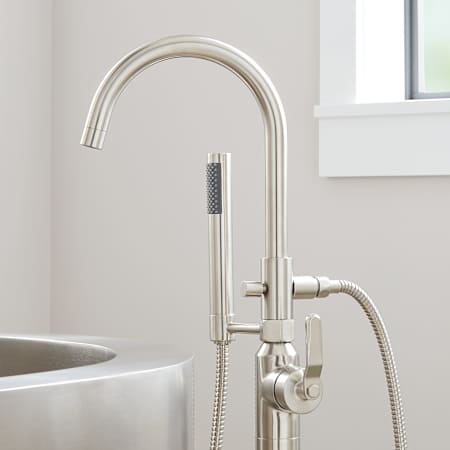 Signature Hardware Gunther Floor Mounted Tub Filler Faucet - Includes Hand Shower Brushed Nickel