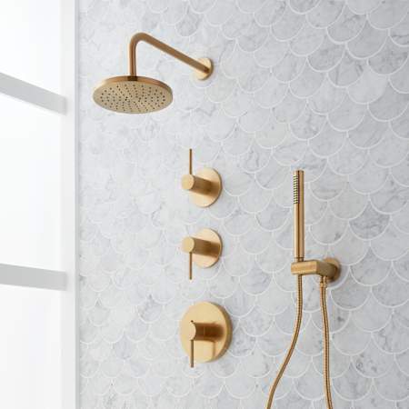 Signature Hardware Lexia Thermostatic Shower System with Rainfall Shower Head, Hand Shower, Shower Arm, Hose, and Valve Trim - Rough-In Valve Included Brushed Gold