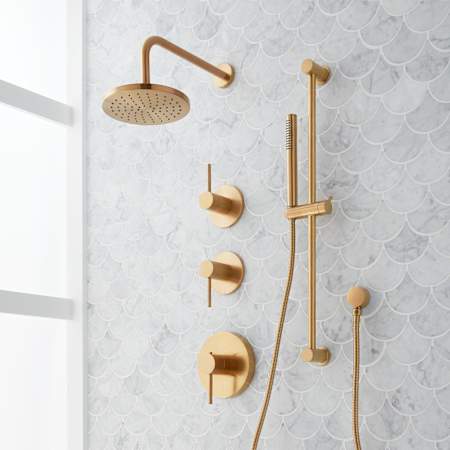 Signature Hardware Lexia Thermostatic Shower System with Rainfall Shower Head, Hand Shower, Slide Bar, Shower Arm, Hose, and Valve Trim - Rough-In Valve Included Brushed Gold
