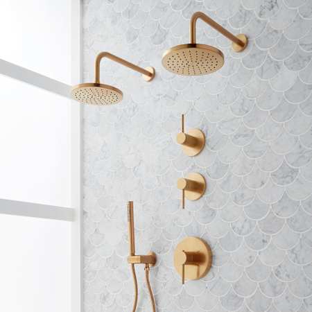 Signature Hardware Lexia Thermostatic Shower System with Dual Rainfall Shower Heads, Hand Shower, Shower Arm, Hose, and Valve Trim - Rough-In Valve Included Brushed Gold