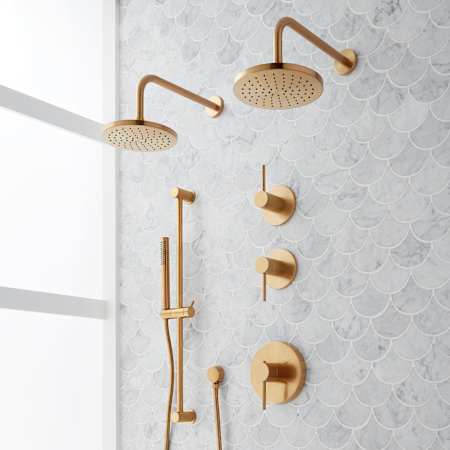 Signature Hardware Lexia Thermostatic Shower System with Dual Rainfall Shower Heads, Hand Shower, Slide Bar, Shower Arm, Hose, and Valve Trim - Rough-In Valve Included Brushed Gold