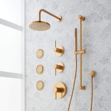 Signature Hardware Lexia Thermostatic Shower System with Rainfall Shower Head, Slide Bar, Hand Shower, Hose, Valve Trim, 3 Bodysprays and Diverter - Rough-In Valve Included Brushed Gold