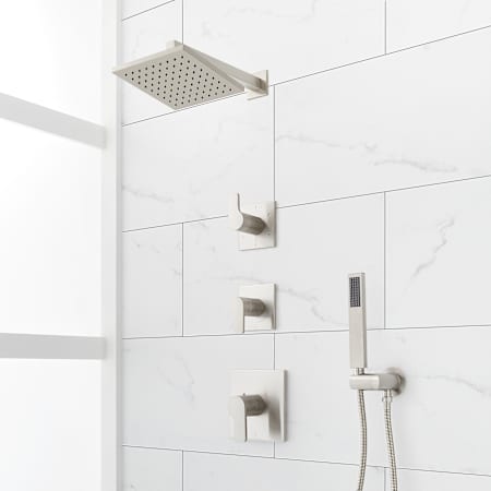 Signature Hardware Hibiscus Thermostatic Shower System with Rainfall Shower Head, Hand Shower, Shower Arm, Hose, and Valve Trim - Rough-In Valve Included Brushed Nickel