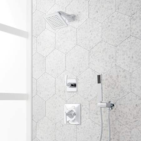 Signature Hardware Vilamonte Pressure Balanced Shower System with Single Function Shower Head, Hand Shower, Shower Arm, Hose, and Valve Trim - Accufit Rough-In Valve Included Chrome
