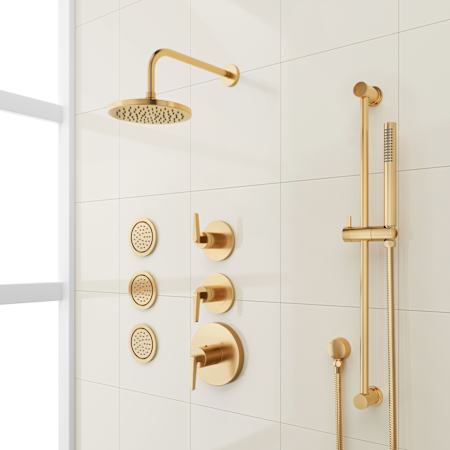 Signature Hardware Drea Thermostatic Shower System with Rainfall Shower Head, Hand Shower, Slide Bar, Bodysprays, Shower Arm, Hose, and Valve Trim - Rough-In Valve Included Brushed Gold