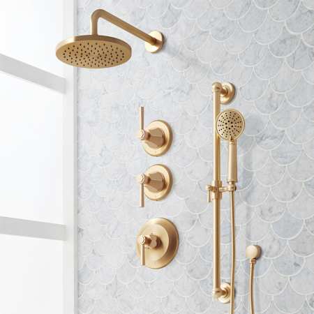 Signature Hardware Elita Thermostatic Shower System with Rainfall Shower Head, Hand Shower, Slide Bar, Shower Arm, Hose, and Valve Trim - Rough-In Valve Included Brushed Gold