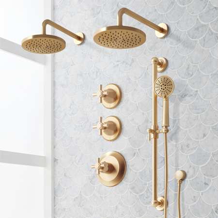 Signature Hardware Elita Thermostatic Shower System with Dual Rainfall Shower Heads, Hand Shower, Slide Bar, Shower Arm, Hose, and Valve Trim - Rough-In Valve Included Brushed Gold