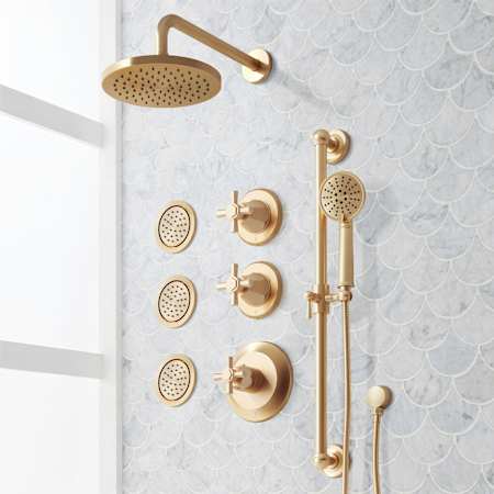 Signature Hardware Elita Thermostatic Shower System with Rainfall Shower Head, Hand Shower, Slide Bar, Bodysprays, Shower Arm, Hose, and Valve Trim - Rough-In Valve Included Brushed Gold