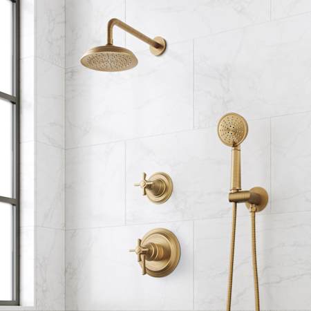 Signature Hardware Marceau Dual Control Pressure Balance Shower System with Shower Head, Cross Handles, Hand Shower, Shower Arm, Hose, and Valve Trim - Rough-In Valve Included Aged Brass