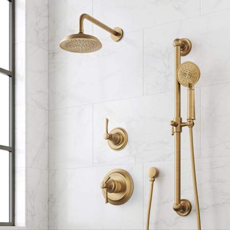 Signature Hardware Marceau Dual Control Pressure Balance Shower System with Shower Head, Lever Handles, Slide Bar, Hand Shower, Shower Arm, Hose, and Valve Trim - Rough-In Valve Included Aged Brass