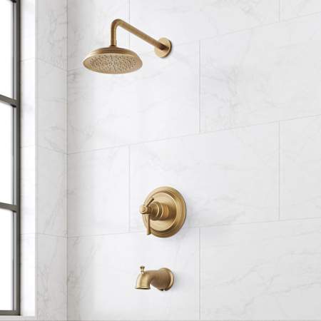 Signature Hardware Marceau Dual Control Pressure Balanced Tub and Shower System with Shower Head, Lever Handles, Shower Arm, Tub Spout, and Valve Trim - Rough-In Valve Included Aged Brass