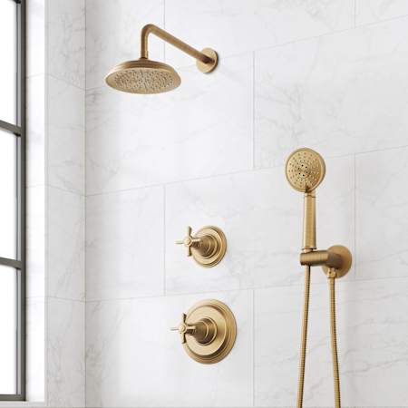 Signature Hardware Marceau Pressure Balanced Shower System with Shower Head, Cross Handles, Hand Shower, Hose, Valve Trim and Diverter - Accufit Rough-In Valve Included Aged Brass