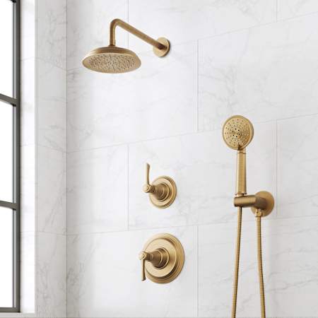 Signature Hardware Marceau Pressure Balanced Shower System with Shower Head, Lever Handles, Hand Shower, Hose, Valve Trim and Diverter - Accufit Rough-In Valve Included Aged Brass