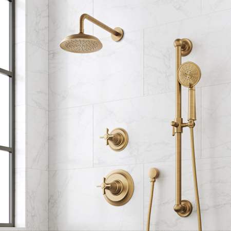 Signature Hardware Marceau Pressure Balanced Shower System with Shower Head, Cross Handles, Hand Shower, Slide Bar, Hose, Valve Trim and Diverter - Accufit Rough-In Valve Included Aged Brass