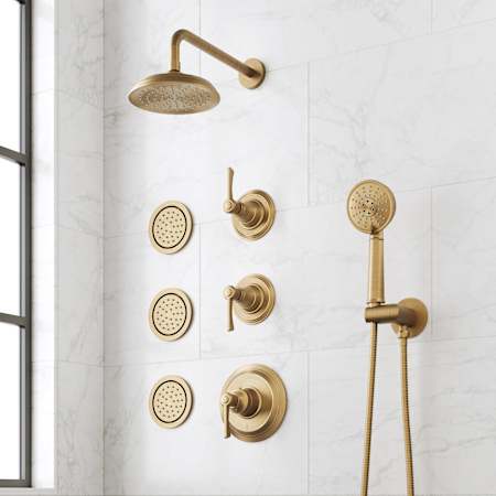 Signature Hardware Marceau Thermostatic Shower System with Shower Head, 3 Body Sprays, Lever Handles, Hand Shower, Shower Arm, Hose, and Valve Trim - Rough-In Valve Included Aged Brass