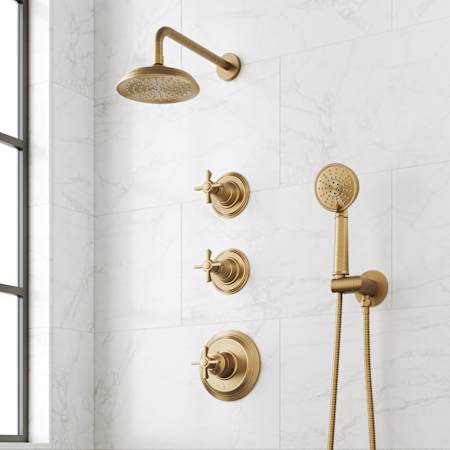 Signature Hardware Marceau Thermostatic Shower System with Shower Head, Cross Handles, Hand Shower, Shower Arm, Hose, and Valve Trim - Rough-In Valve Included Aged Brass