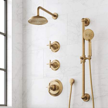 Signature Hardware Marceau Thermostatic Shower System with Shower Head, Cross Handles, Slide Bar, Hand Shower, Shower Arm, Hose, and Valve Trim - Rough-In Valve Included Aged Brass