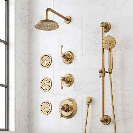 Signature Hardware Marceau Thermostatic Shower System with Shower Head, 3 Body Sprays, Lever Handles, Slide Bar, Hand Shower, Shower Arm, Hose, and Valve Trim - Rough-In Valve Included Aged Brass