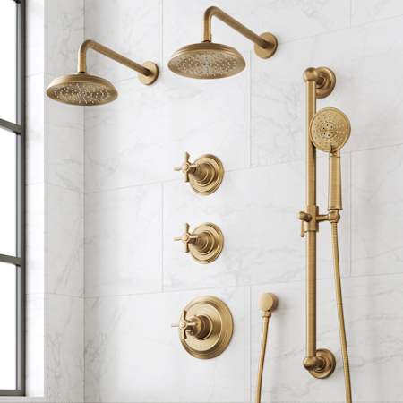Signature Hardware Marceau Thermostatic Shower System with Dual Shower Heads, Cross Handles, Slide Bar, Hand Shower, Shower Arm, Hose, and Valve Trim - Rough-In Valve Included Aged Brass