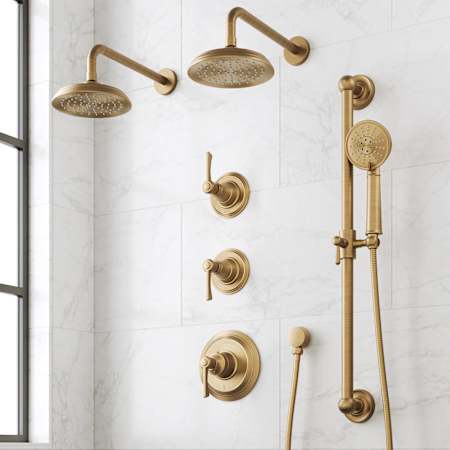 Signature Hardware Marceau Thermostatic Shower System with Dual Shower Heads, Lever Handles, Slide Bar, Hand Shower, Shower Arm, Hose, and Valve Trim - Rough-In Valve Included Aged Brass