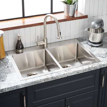 Signature Hardware Ortega 33" Drop In / Undermount 50/50 Double Basin Stainless Steel Kitchen Sink with Single Faucet Hole Stainless Steel
