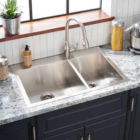 Signature Hardware Sitka 33" Drop In / Undermount 60/40 Double Basin Stainless Steel Kitchen Sink with Single Faucet Hole Stainless Steel
