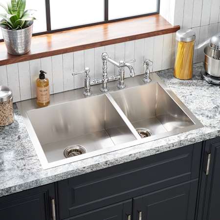 Signature Hardware Sitka 33" Drop In or Undermount 60/40 Double Basin Stainless Steel 4-Hole Kitchen Sink Stainless Steel