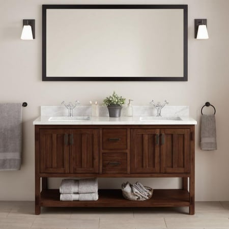 Signature Hardware Morris 60" Freestanding Double Basin Vanity Set with Cabinet, Vanity Top, and Rectangular Undermount Sinks - Single Faucet Holes Rustic Brown / Carrara