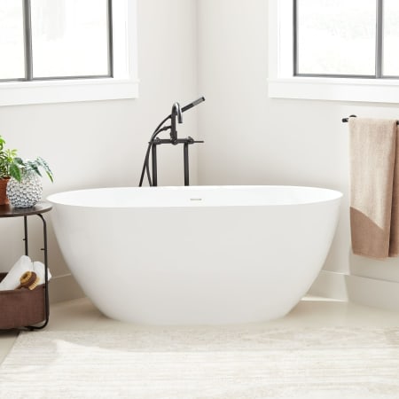 Signature Hardware Patera 66" Solid Surface Soaking Freestanding Tub with Integrated Drain and Overflow Glossy White