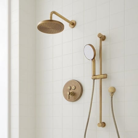 Signature Hardware Greyfield Simple Select Pressure Balanced Shower System with Rainfall Shower Head, Slide Bar, Hand Shower, Hose, and Valve Trim with Diverter - Rough-In Valve Included Aged Brass