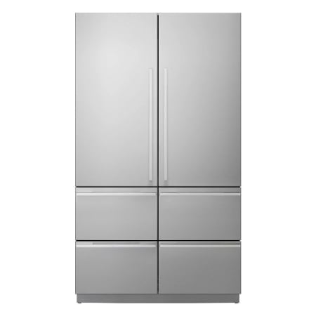 Signature Kitchen Suite 48 Inch Wide 15 Amp 26 Cu. Ft. Energy Star Certified Panel Ready French Door Refrigerator with LED Lights and Glass Shelves Satin Stainless Steel