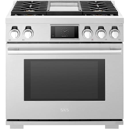 SKS 36 Inch Wide 6.3 Cu. Ft. Free Standing Dual Fuel Range with Porcelain Surface and Griddle Stainless Steel