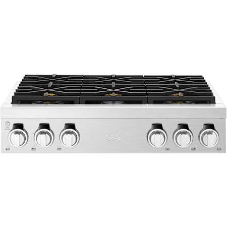 SKS 36 Inch Wide 15 Amp 6 Burner Liquid Propane / Natural Gas Rangetop with Hot Surface Light Indicators Stainless Steel