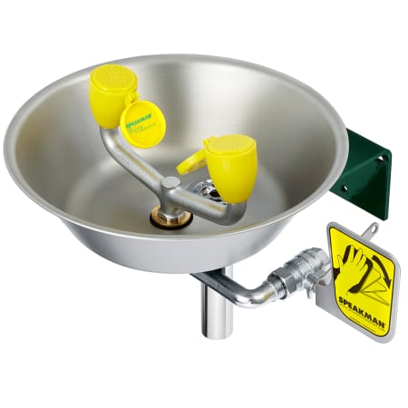 Speakman Traditional Series Eye / Face Wash with Stainless Steel Bowl, Dual Spray Heads and Flip Top Dust Covers Yellow / Green