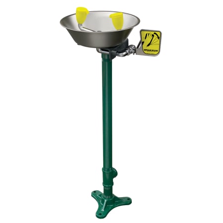 Speakman Traditional Series Pedestal Mounted Eye / Face Wash with Stainless Steel Bowl, Dual Spray Heads and Flip Top Dust Covers Yellow / Green
