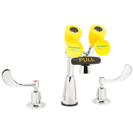 Speakman Double Handle Widespread Combination Eyesaver and Faucet with Metal Wrist Blades Polished Chrome