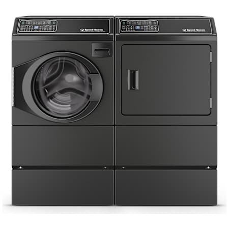 Speed Queen 27 Inch Wide 3.5 Cu. Ft. Front Load Washer and 27 Inch Wide 7 Cu. Ft. Electric Dryer Laundry Pair with Pedestals Matte Black