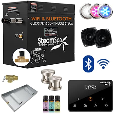 SteamSpa Black 10.5 KW Steam Bath Generator Wireless Package with Auto Drain Brushed Nickel